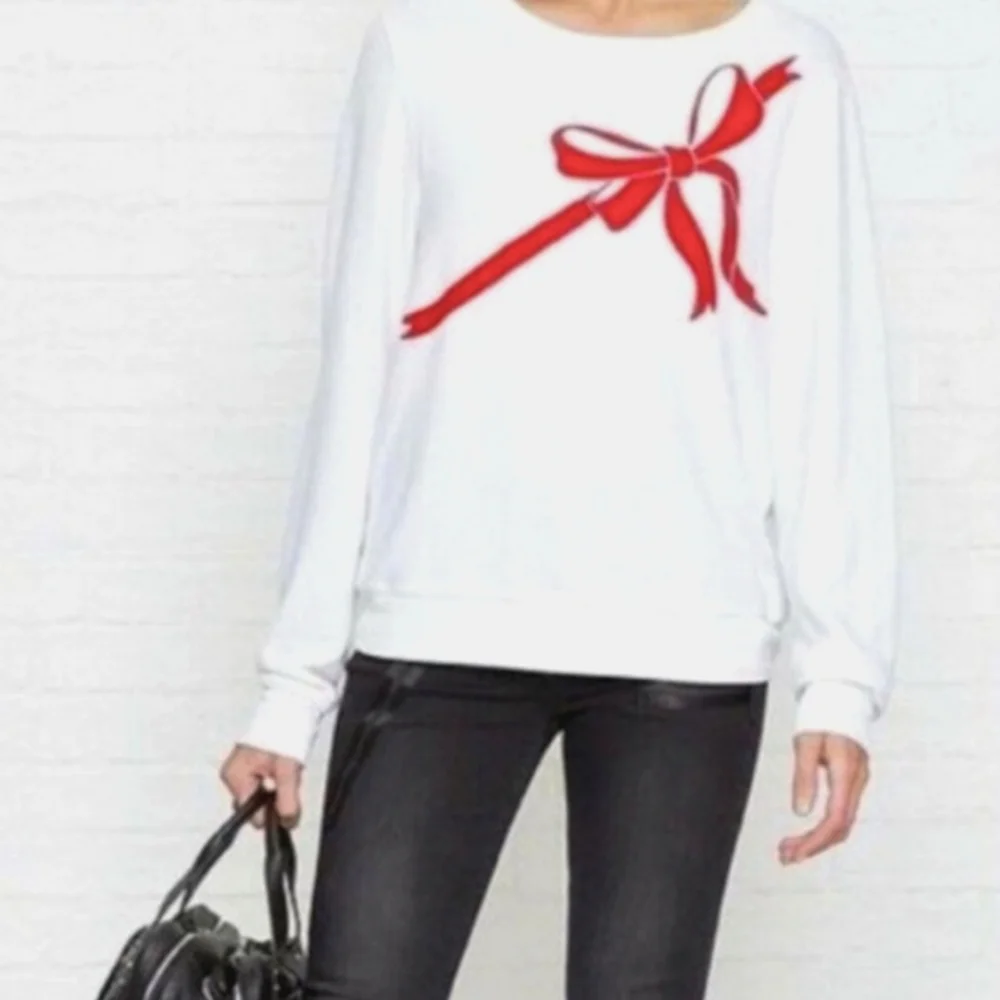 WILDFOX White French Terry Red Ribbon Present Wrap Bow BBJ Jumper Pullover Top - Picture 6 of 12